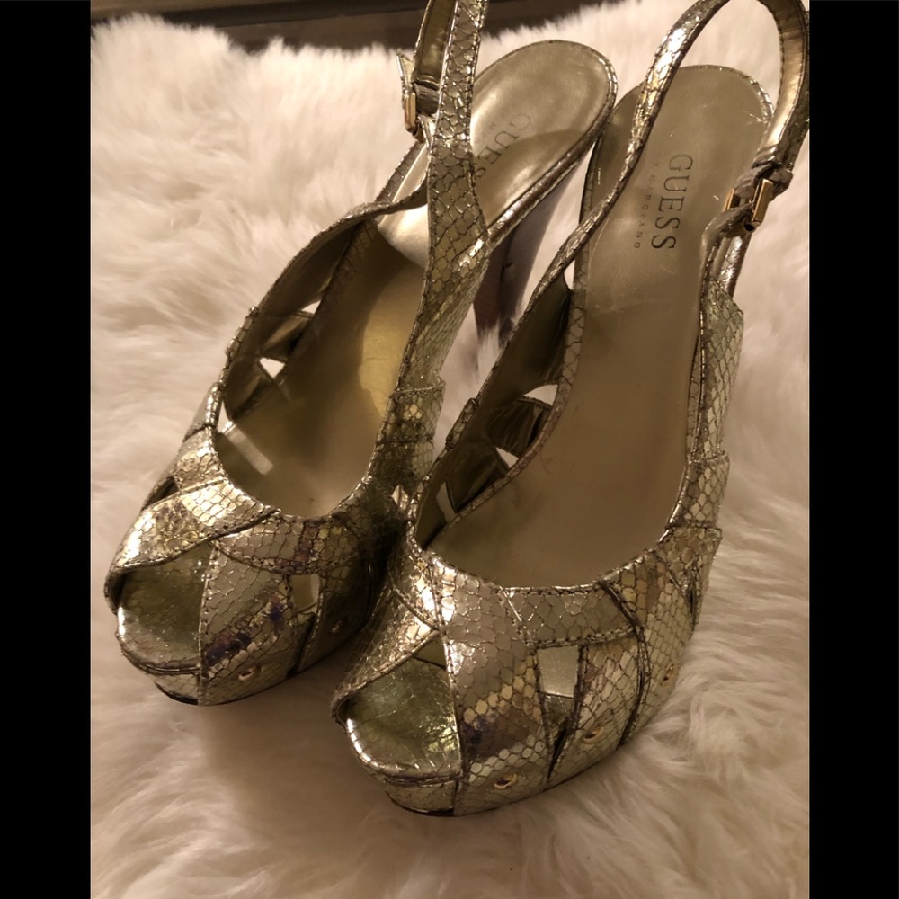 GUESS gold colored peep toe high heels
